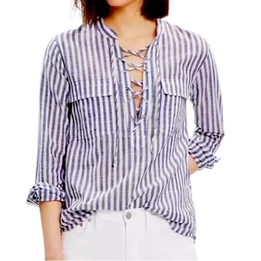 Madewell Terrace Lace Up Shirt Blue White Striped Coastal Cotton Top Women’s XS